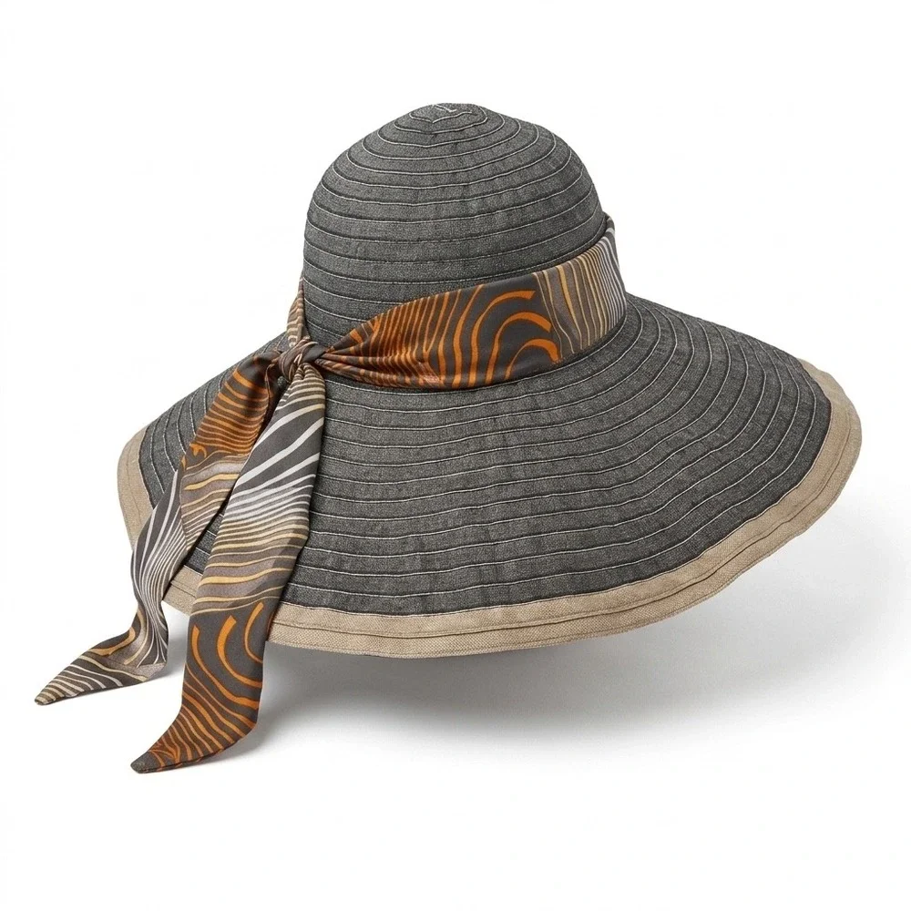 Kallina Wide Brim Sun Hat Grey Tan Scarf Tie Packable Crushable Beachwear Resort